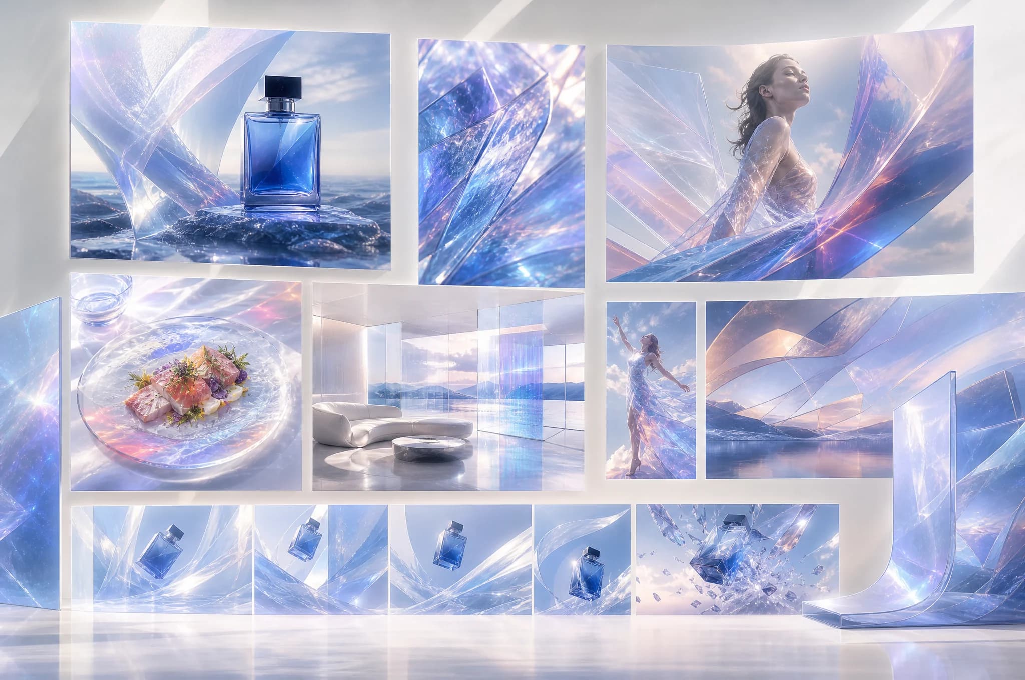A collection of polished product, food, fashion, and interior campaign visuals