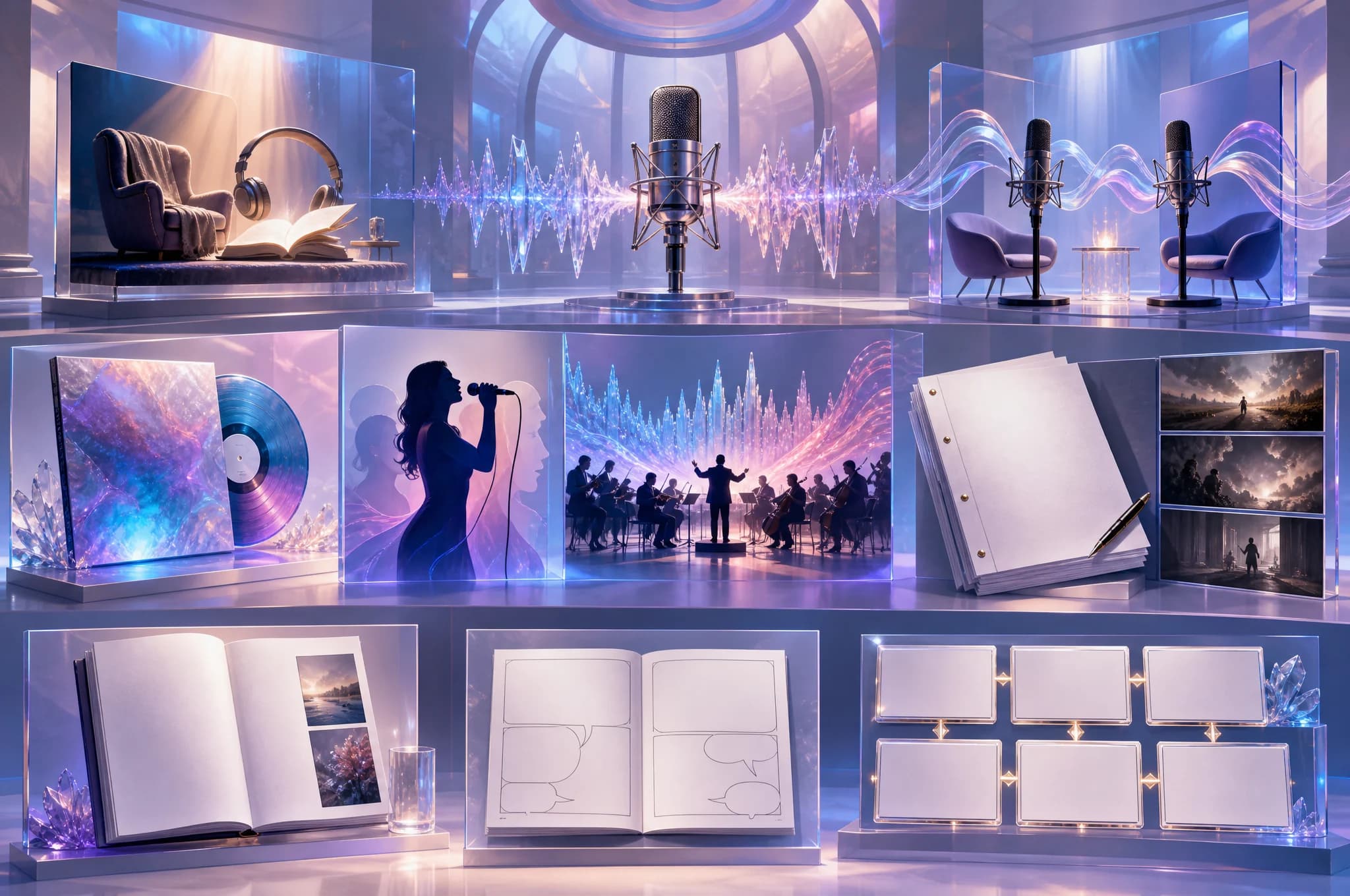 A creative gallery representing voice, narration, music, song, scripts, and writing